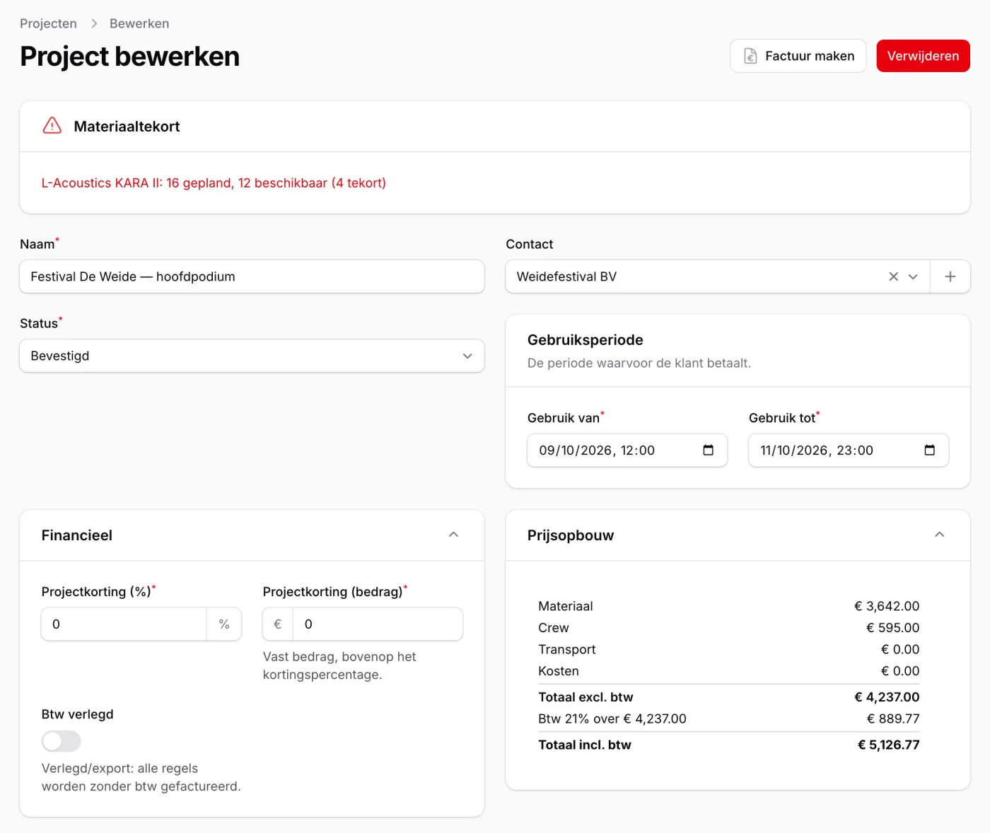 Projectscherm met een melding dat er 4 speakers tekort zijn, en de prijsopbouw van de klus